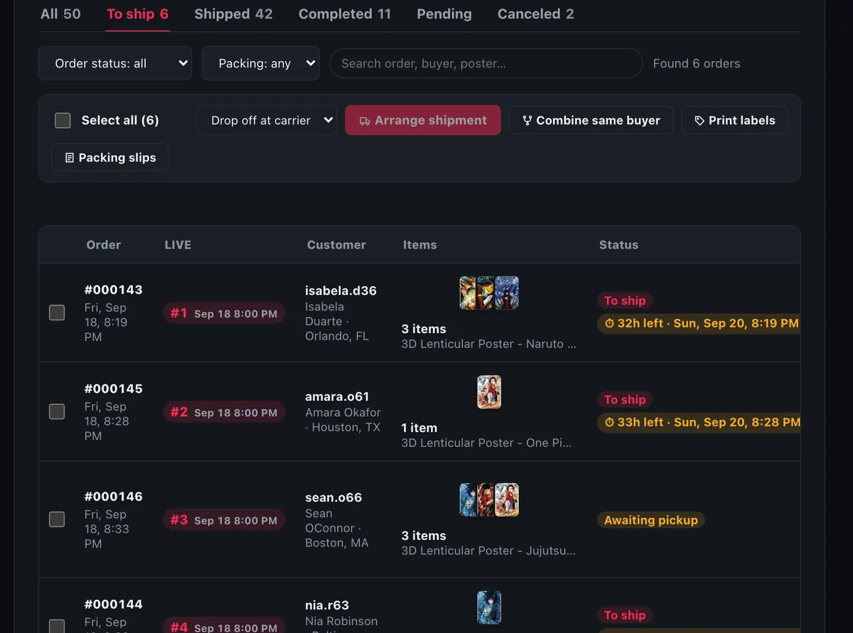 Manage orders: tabs for all, to ship, shipped and completed orders, bulk actions, and the first order in the queue with its ship-by deadline.